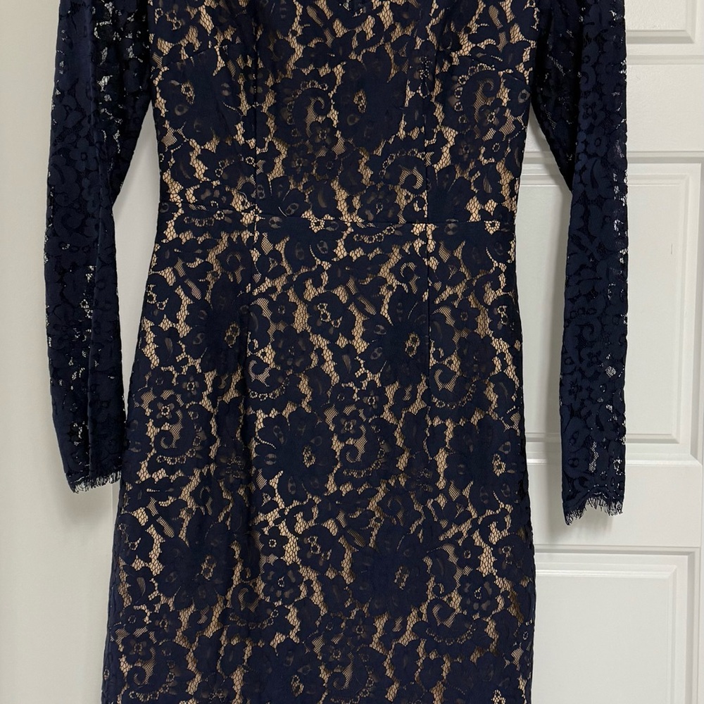 Blue lace, open back cocktail dress